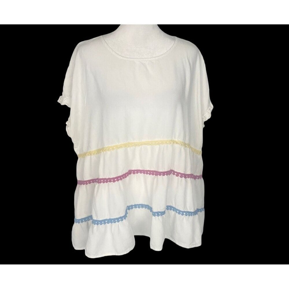 ANDREE by Unit Women Rayon Tunic Size 1X White Boho Top Cap Sleeve 8-21